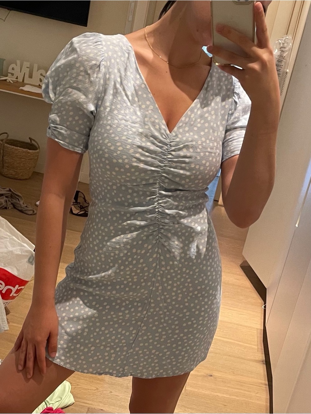 ZARA Light Blue Polka Dot Ruched Mini Dress - Size M